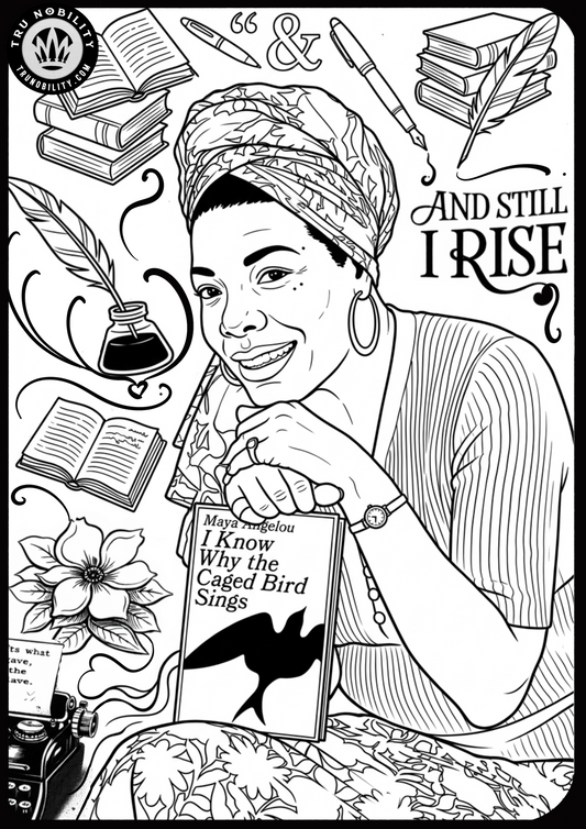 Printable Maya Angelou coloring page featuring her portrait, books, writing tools, a typewriter, and the words And Still I Rise