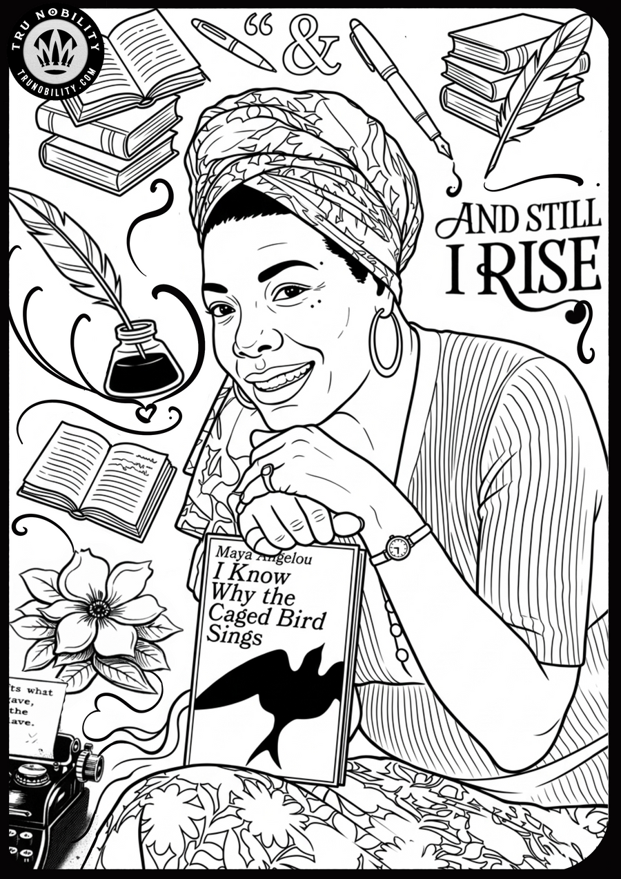 Printable Maya Angelou coloring page featuring her portrait, books, writing tools, a typewriter, and the words And Still I Rise