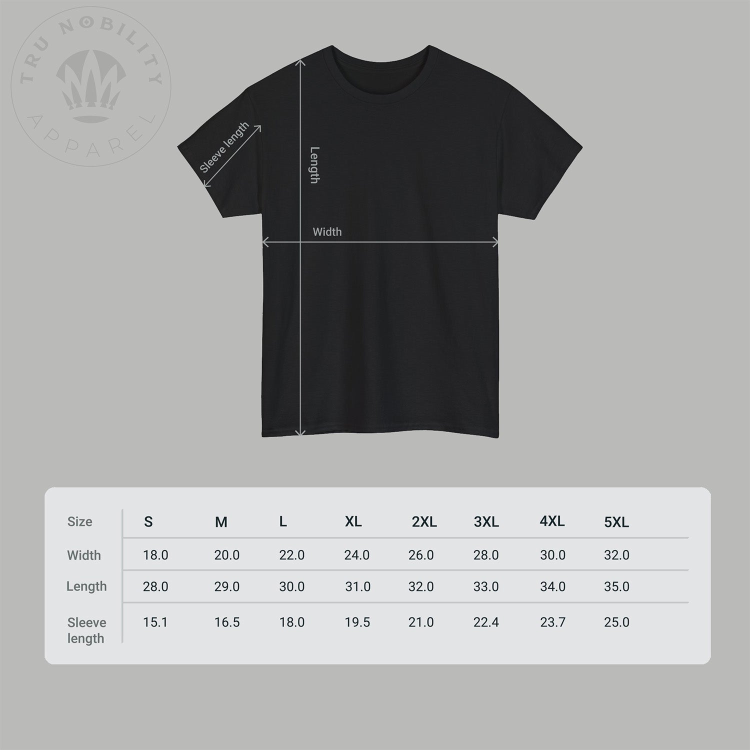 Size chart for Gildan 5000 Unisex T-Shirt